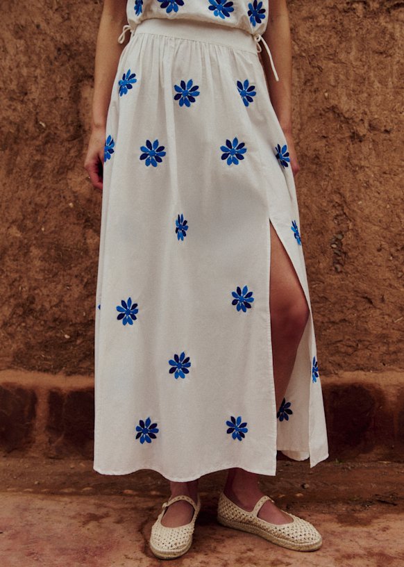 Arianna Skirt - Ecru with Contrasting Columbine Blue Embroidery - Organic Cotton - Szane Arianna Skirt - Ecru with Contrasting Columbine Blue Embroidery - Organic Cotton - Szane