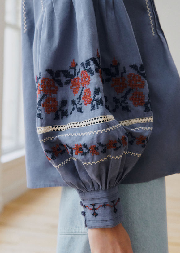 シーニューヨーク 刺繍入りネイビー長袖ブラウス Eugenia ブラウス - Sézane x SEA NY - ネイビー地にレンガ色の