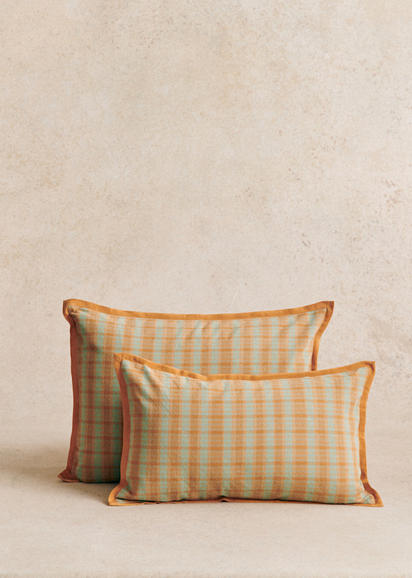 Checks Woven Cushion - Small Model - Blue and Caramel