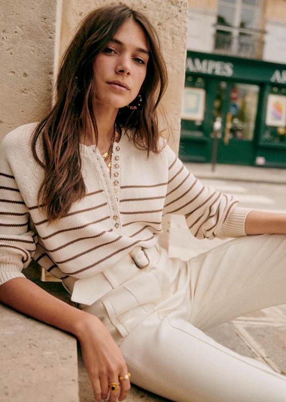 美品　SEZANE オーガニックコットン　Leontineニット M セーター Léontine Jumper - Ecru / Camel - Organic cotton - organic