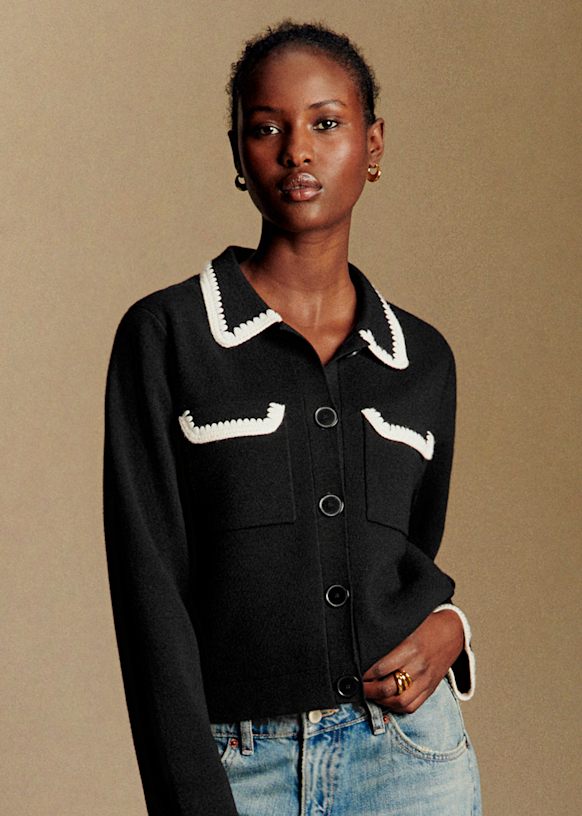Sezane セザンヌ Bettyカーディガン　ブラック　エクリュ Betty Cardigan - Black & Ecru Crochet - Merino Wool - Sézane
