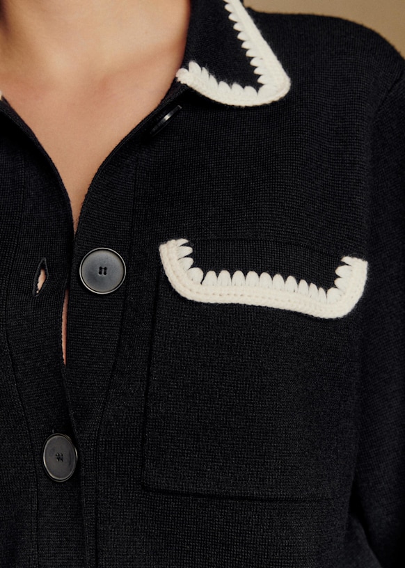 Betty Cardigan - Ecru with Black Details - Merino Wool - Sézane