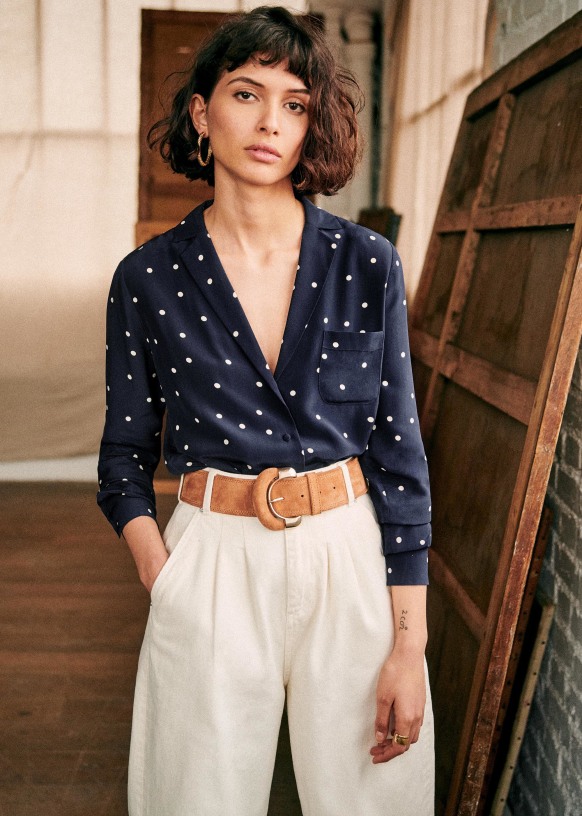 Florence Shirt - Ecru Dots Navy background - Cotton - Sézane