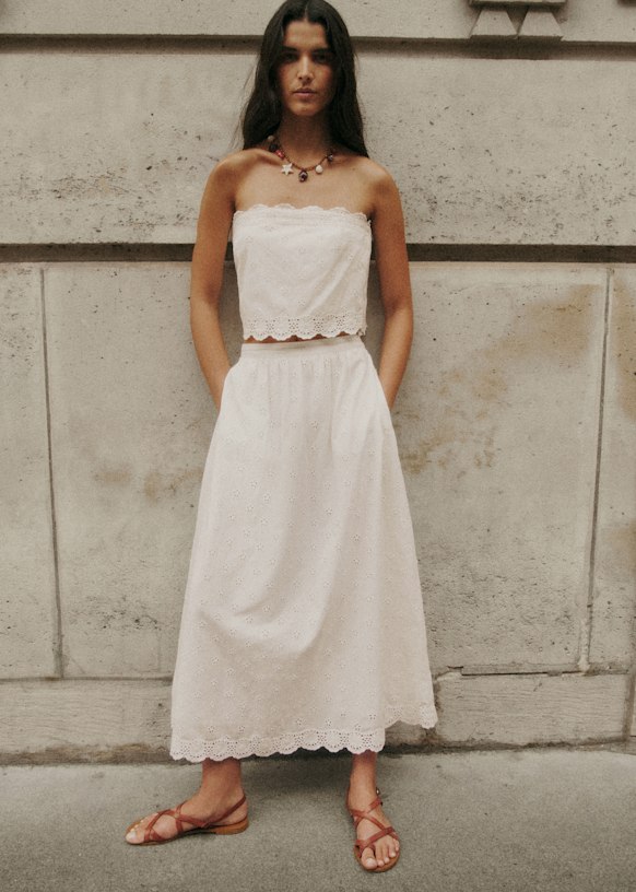 Nala Skirt - Ecru with Petal Embroidery - Organic Cotton - Sézane