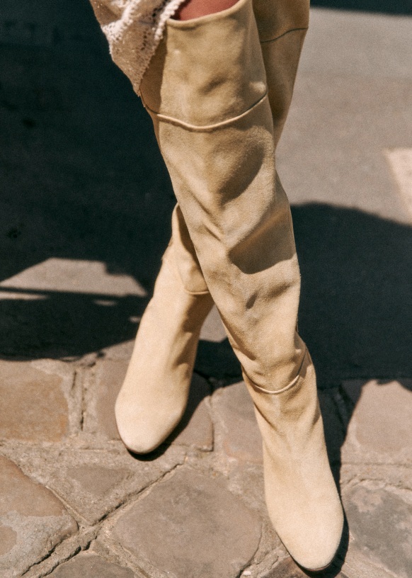 Beige suede thigh high boots top
