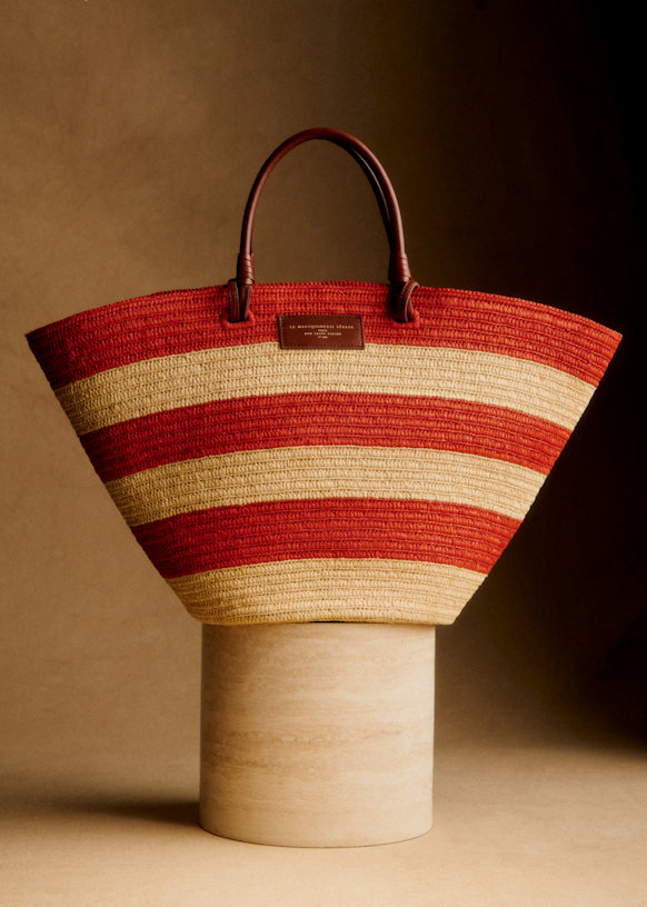 【Sezane】大容量 ! 2way ラフィア マキシ カゴバッグ Justine Justine Maxi Basket Bag - Raffia with Coral Stripes - Raffia