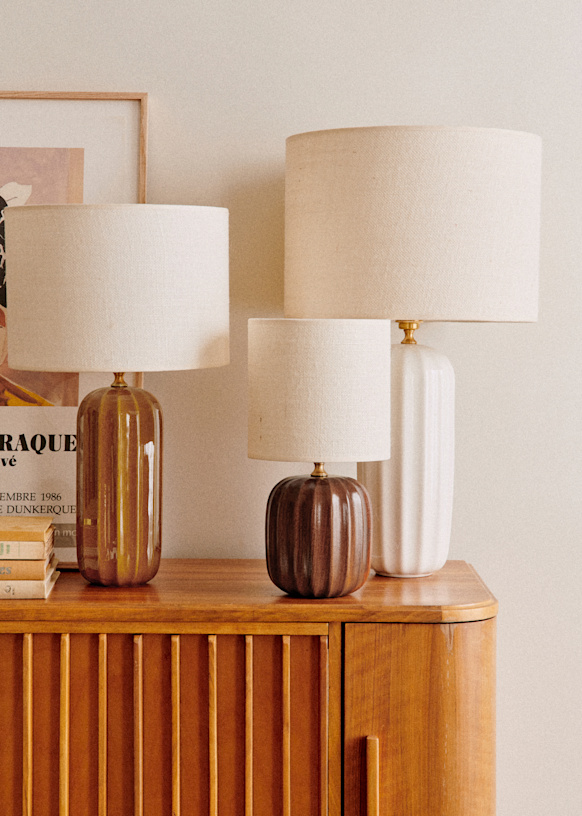 Small Traviata Table Lamp - Mahogany - Sonate Lamp Shade - Ecru