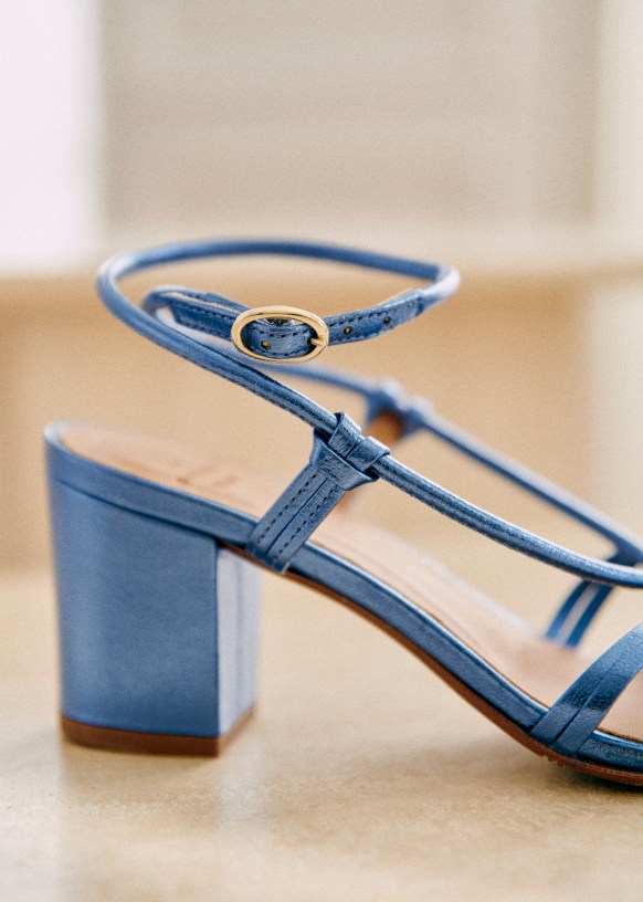 Topshop Ellis tie up sandal with block heel in blue metallic | ASOS