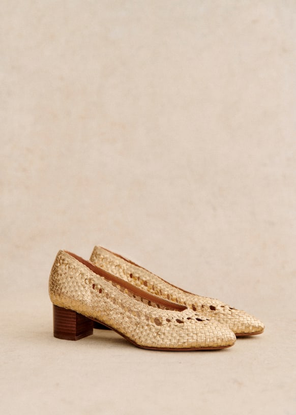 Anya High Heels Smooth braided gold Crackled metallic goatskin leather Sezane