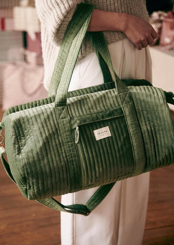 Quilted Overnight Bag - Green Velvet - Suede fabric - Sézane