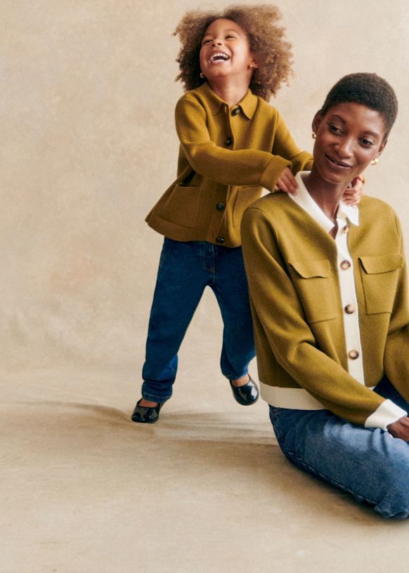 Betty Cardigan Olive Green Ecru Details Merino Wool Sézane