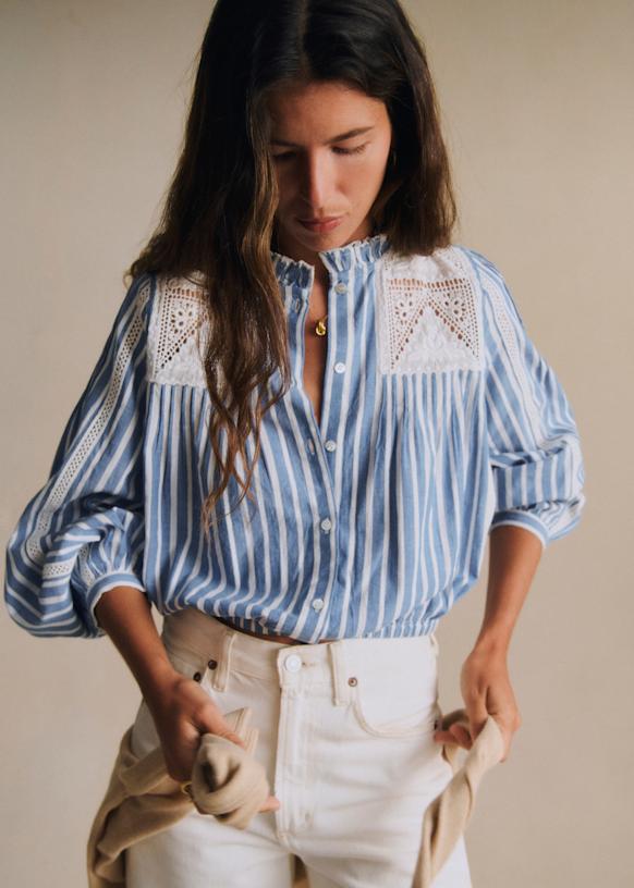 Kajasa Blouse - Blue and White Stripes with Embroidery - Organic