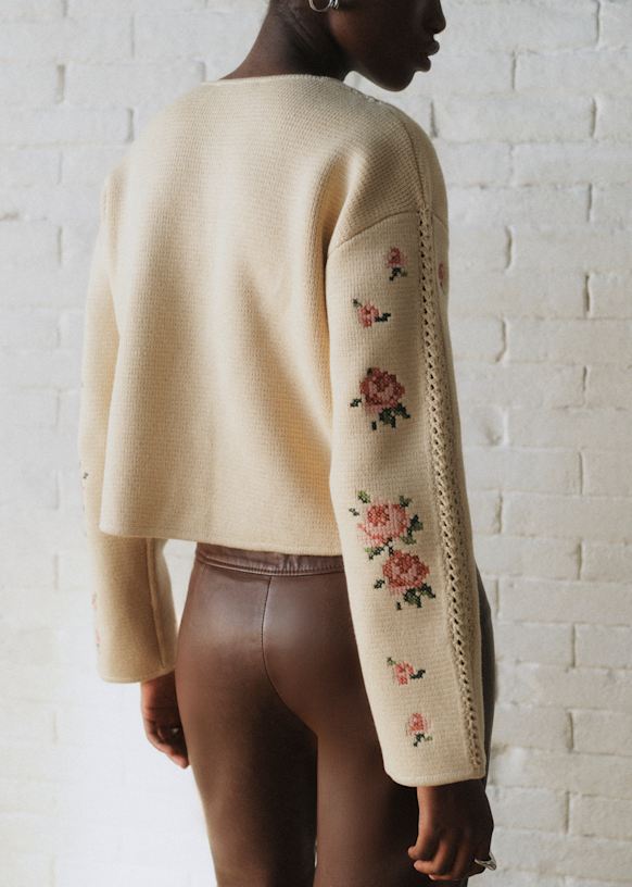Caroline カーディガン - Sézane x Sea NY - クリーム 刺繍 - メリノ