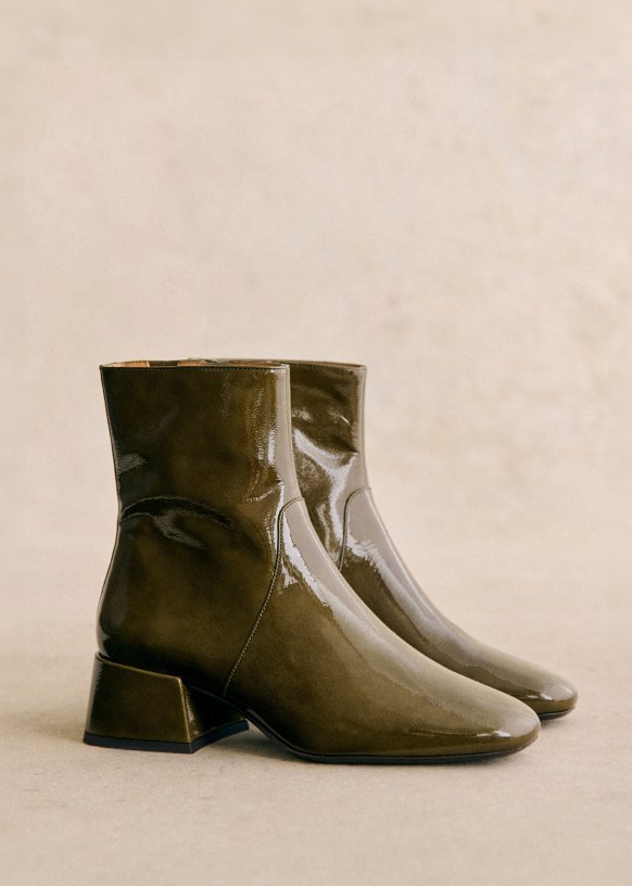 Paulette Low Boots Patent Khaki Patent cowide leather Sezane