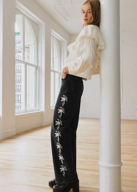 Valentin パンツ - Sézane x SEA NY - グレー地 エクリュ刺繍