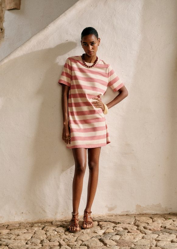 Selina Dress - Ecru/ Pink Parasol Stripes - Organic cotton