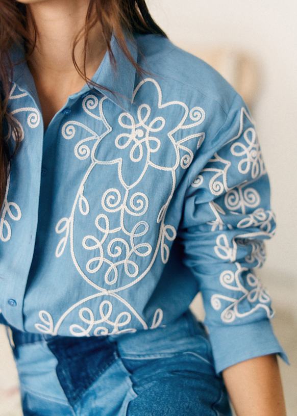 Maxy Shirt - Sézane x Lucia Vergara - Dark denim daisy embroidery