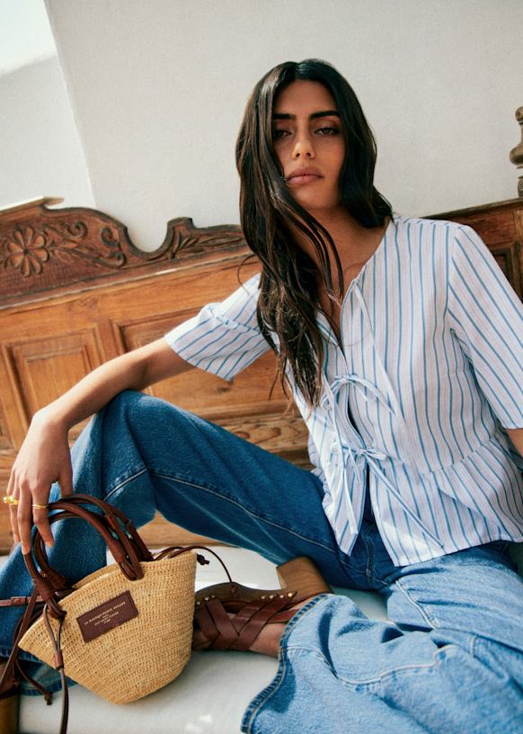 Ileana Blouse - Ecru with Blue Stripes - Organic Cotton - Sézane
