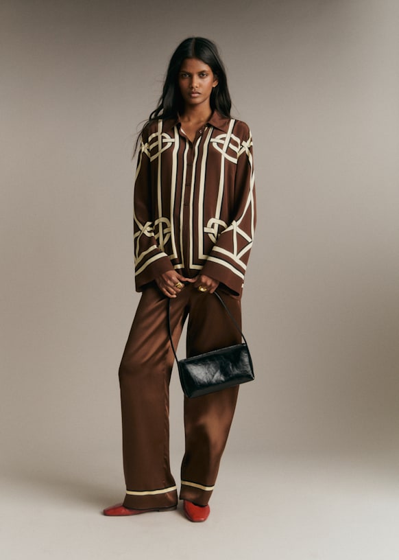 Wood Trousers - Chocolate Monogram Print - Silk - Sézane