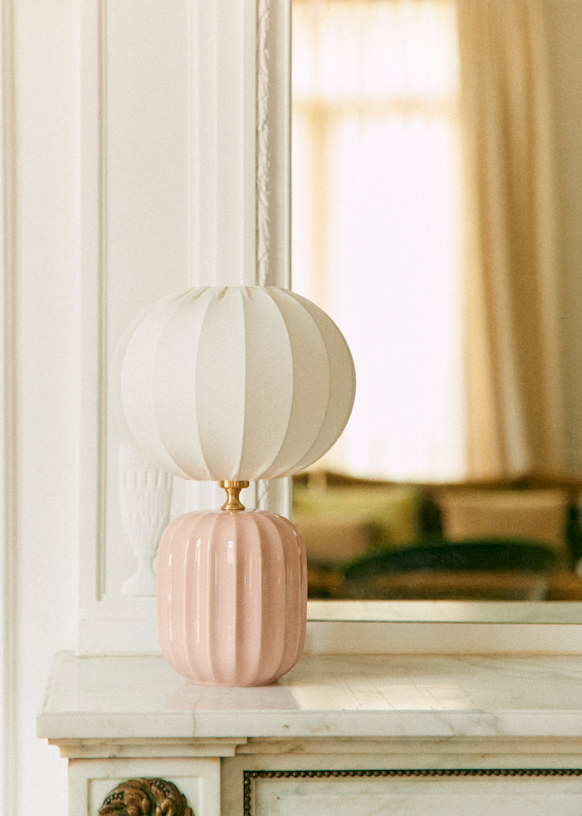 Small Traviata Table Lamp Pink Sonate Lamp Shade Ecru Ceramic Octobre Editions