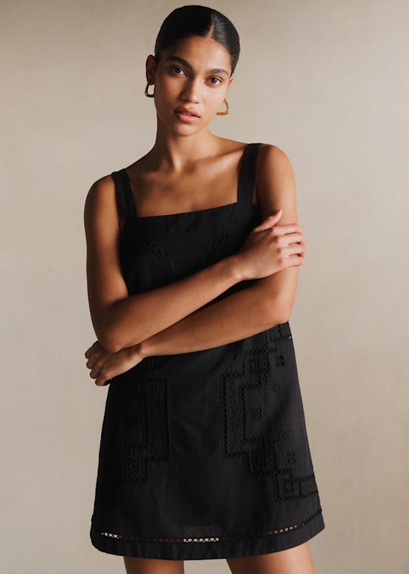Victoire Dress - Black Placed Embroidery - Linen - Sézane