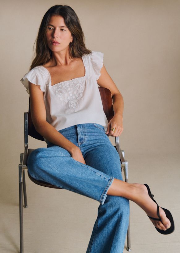 Elie Blouse - Plain Ecru Embroidery Beige Background - Organic Cotton - Sézane