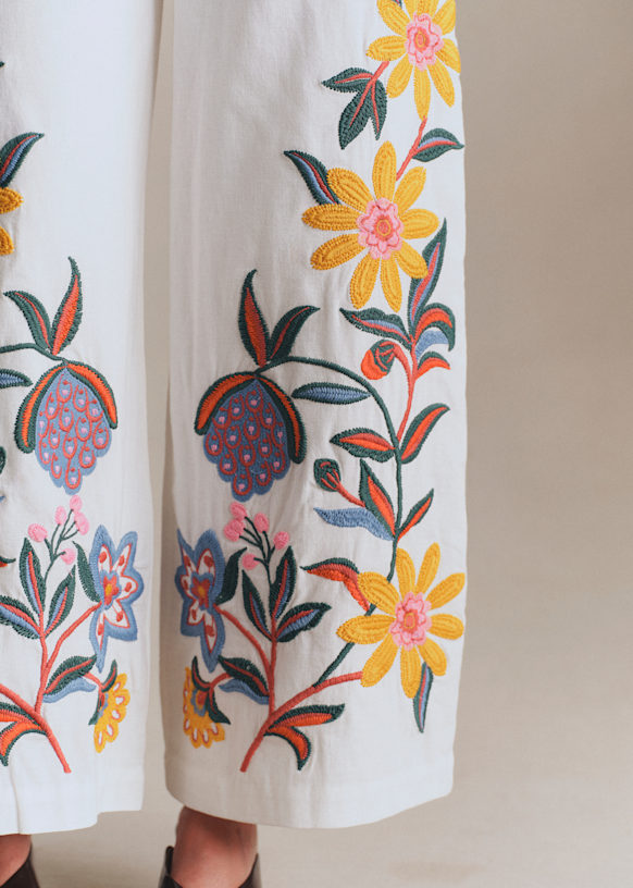 Cosimo Pant - Bouquet Embroidery with Multicolor Ecru Background