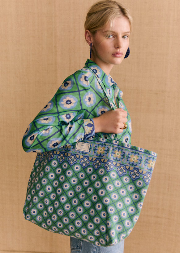 Momonì Tote Bag - Green and blue flowers & frieze - Cotton - Sézane
