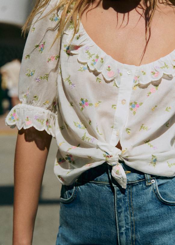 Kerinne Shirt - Romance Pink with Ecru Embroidery - Silk - Sézane