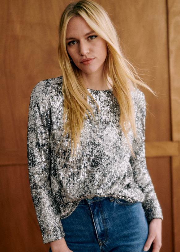 Pelagie Blouse Black and white sequins GRS certified recycled polyester Sezane