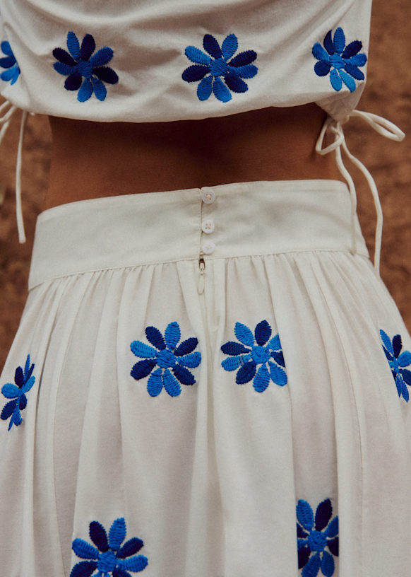Arianna Skirt - Ecru with Contrasting Columbine Blue Embroidery