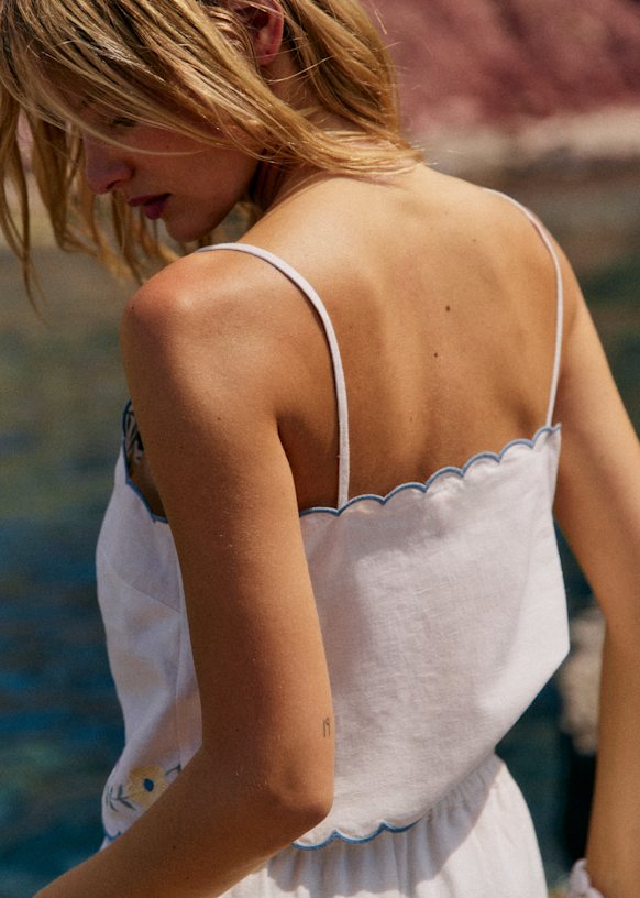 Kora Top - White with Multicolored Floral Embroidery - Linen - Sézane