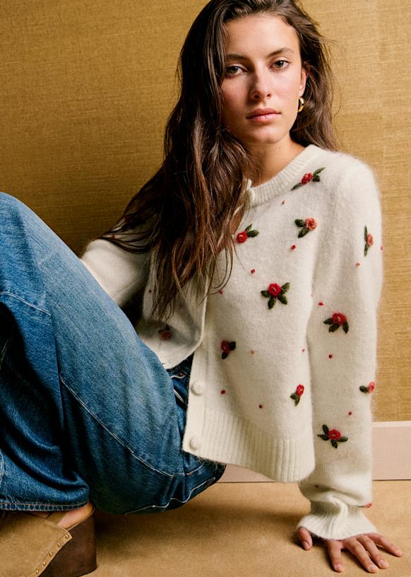 Alban Cardigan - Ecru with Multicolored Embroidery - Kid mohair
