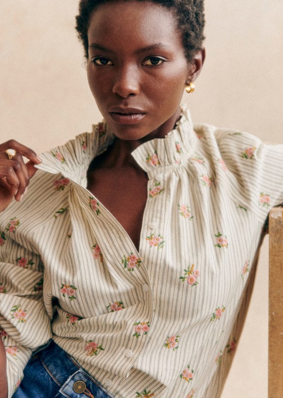 Louna シャツ - フラワー刺しゅうストライプ - オーガニックコットン