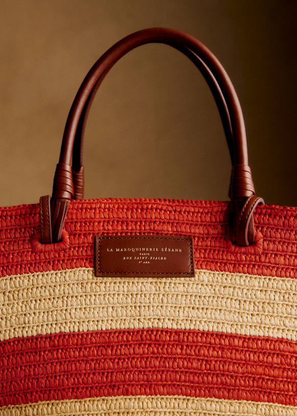 Justine Maxi Basket Bag - Raffia with Coral Stripes - Raffia