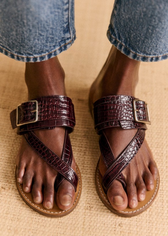 Freya Low Sandals - Chocolate Crocodile Print - Bovine leather