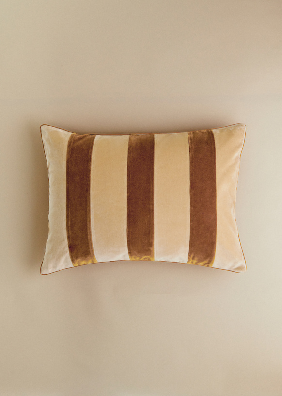 Velvet Stripes Cushion - Large model - Beige and Caramel - Cotton - Sézane