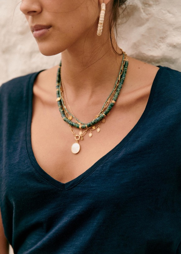Collier Perles Blanc Et Jade Vert - Pierre Naturelle - Longueur 53 Cm - Occasion Bel État