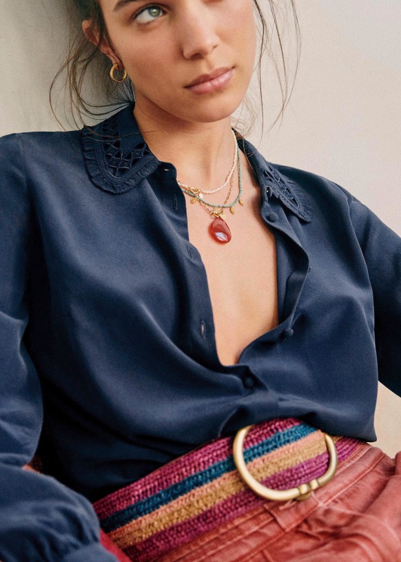 Sezane セザンヌ Chlo シャツ シルク ブラウス ネイビー 32 XS Chlo Shirt - Navy - Silk - Sézane