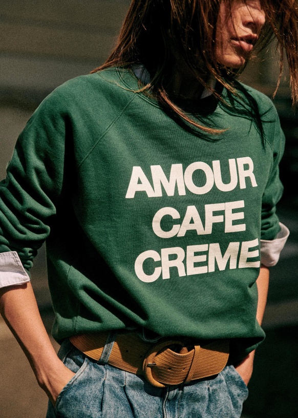 Sweat-Shirt Amour Café Crème - Vert / Ecru - Coton Biologique - Sézane