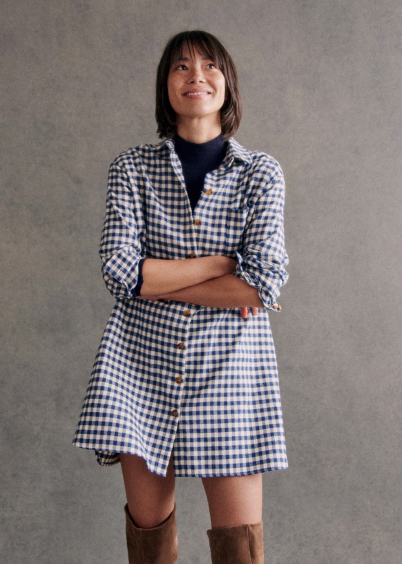 Jurk Sadie Ruitjes ecru blauw Biologisch katoen Octobre Editions