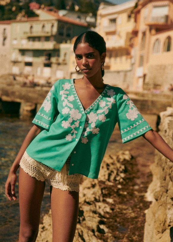 Antika Blouse - Ecru green embroidery - Sézane