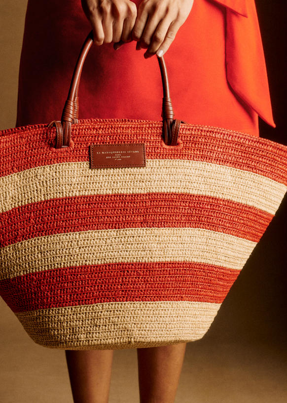 Justine Maxi Basket Bag - Raffia with Coral Stripes - Raffia