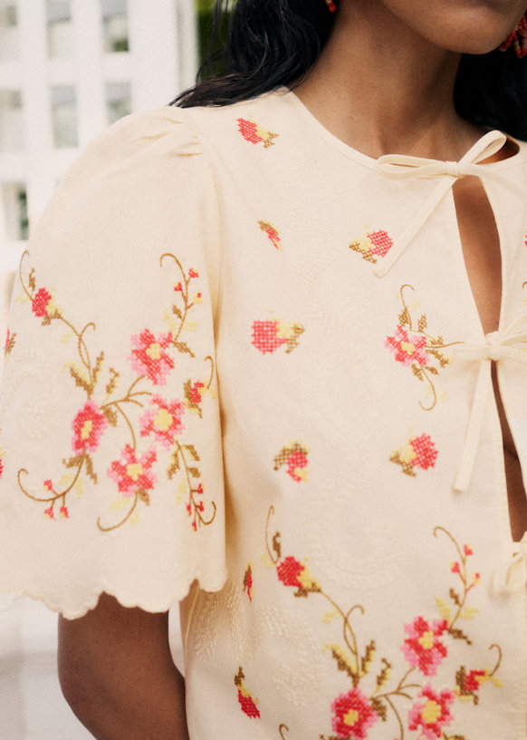 Zelia Blouse - Sézane x Andion - Cream with Pink Floral Embroidery