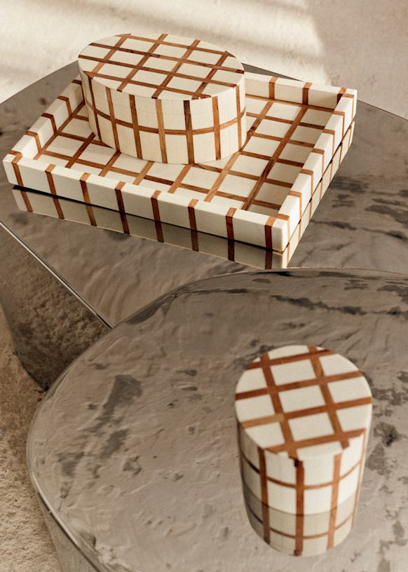 Rectangular tray - Ecru and Acacia Grid Pattern - Wood - Sézane