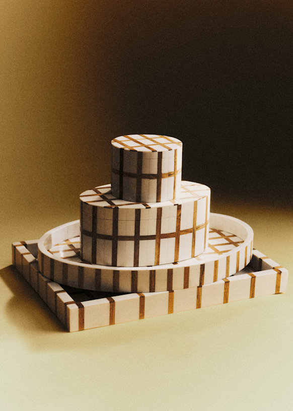 Oval Tray - Ecru and Acacia Grid Pattern - Wood - Sézane