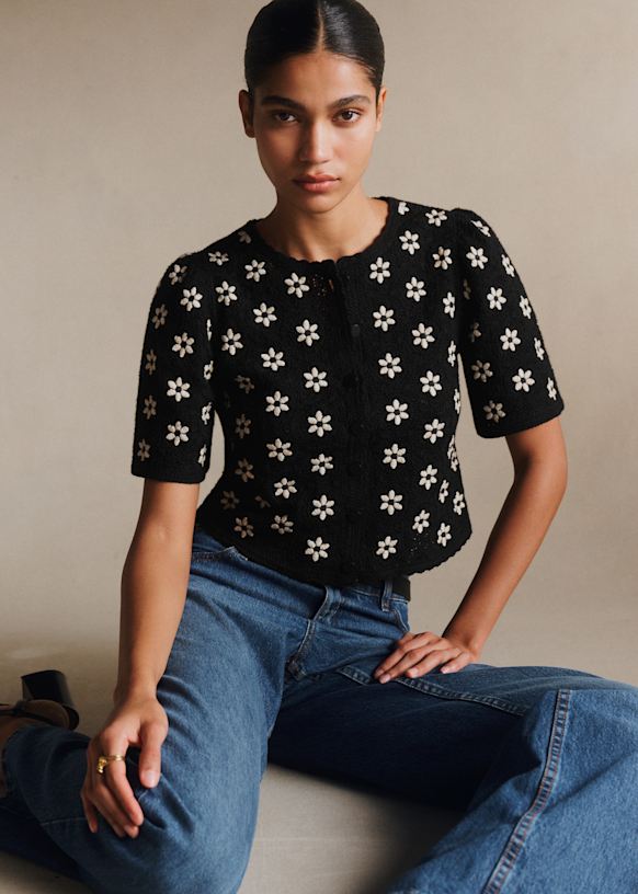 Lorna Shirt - Contrasting Guipure Ecru Blue Flowers - Organic