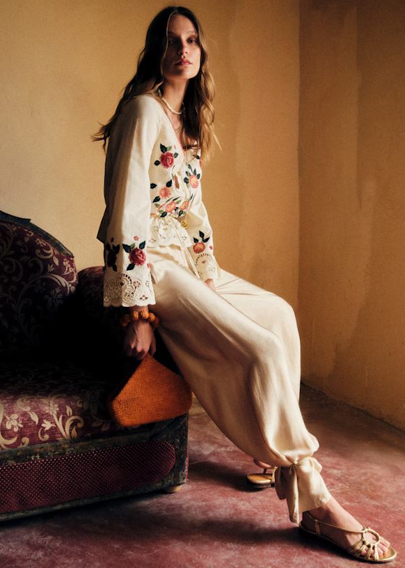 Solara Shirt - Ecru with Red and Pink Secret Garden Embroidery