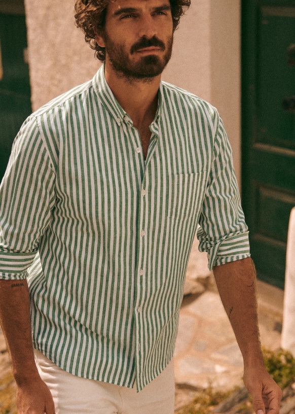 Chemise Charlie Coton Lin Rayures Blanc Vert Coton biologique textile biologique Sezane