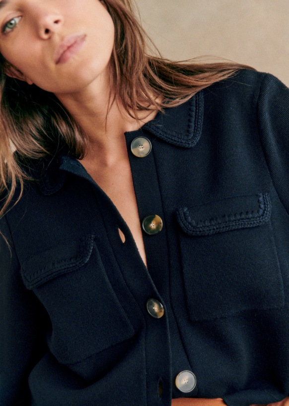 Gilet Betty Crochet Marine Laine Merinos Sezane